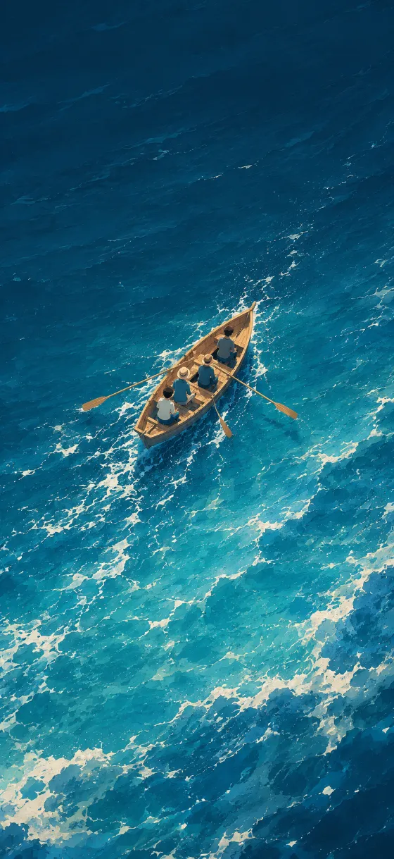 Small wooden rowboat with four travelers crossing patterned blue ocean currents in a high aerial painterly view.