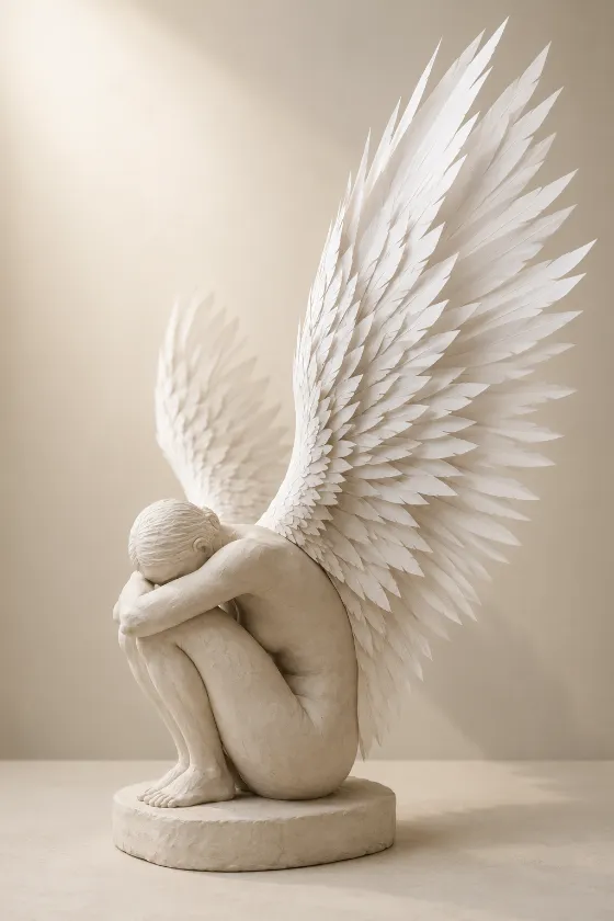 Minimal fine-art sculpture of a crouched winged humanoid figure with pale clay material and white paper-like wings.