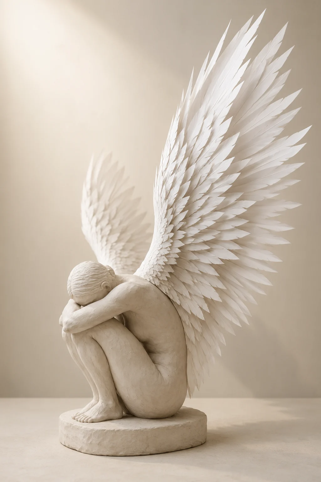 Minimal fine-art sculpture of a crouched winged humanoid figure with pale clay material and white paper-like wings.