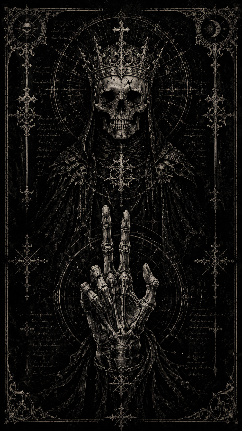 Monochrome gothic wallpaper showing a crowned skull figure above a skeletal hand within ornate dark occult framing.