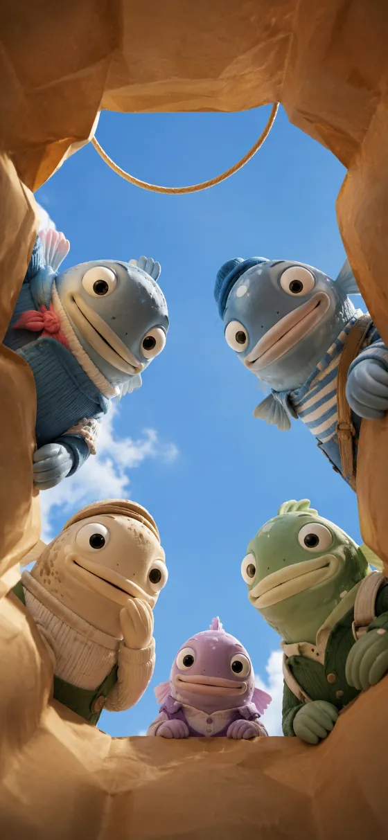 Five whimsical rounded 3D characters peer into a kraft-paper bag beneath a bright blue sky in a playful first-person vertical scene.