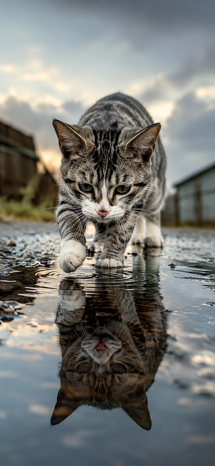 Gray-and-white tabby cat stepping into a rain puddle with ripples and a soft reflection on wet ground.