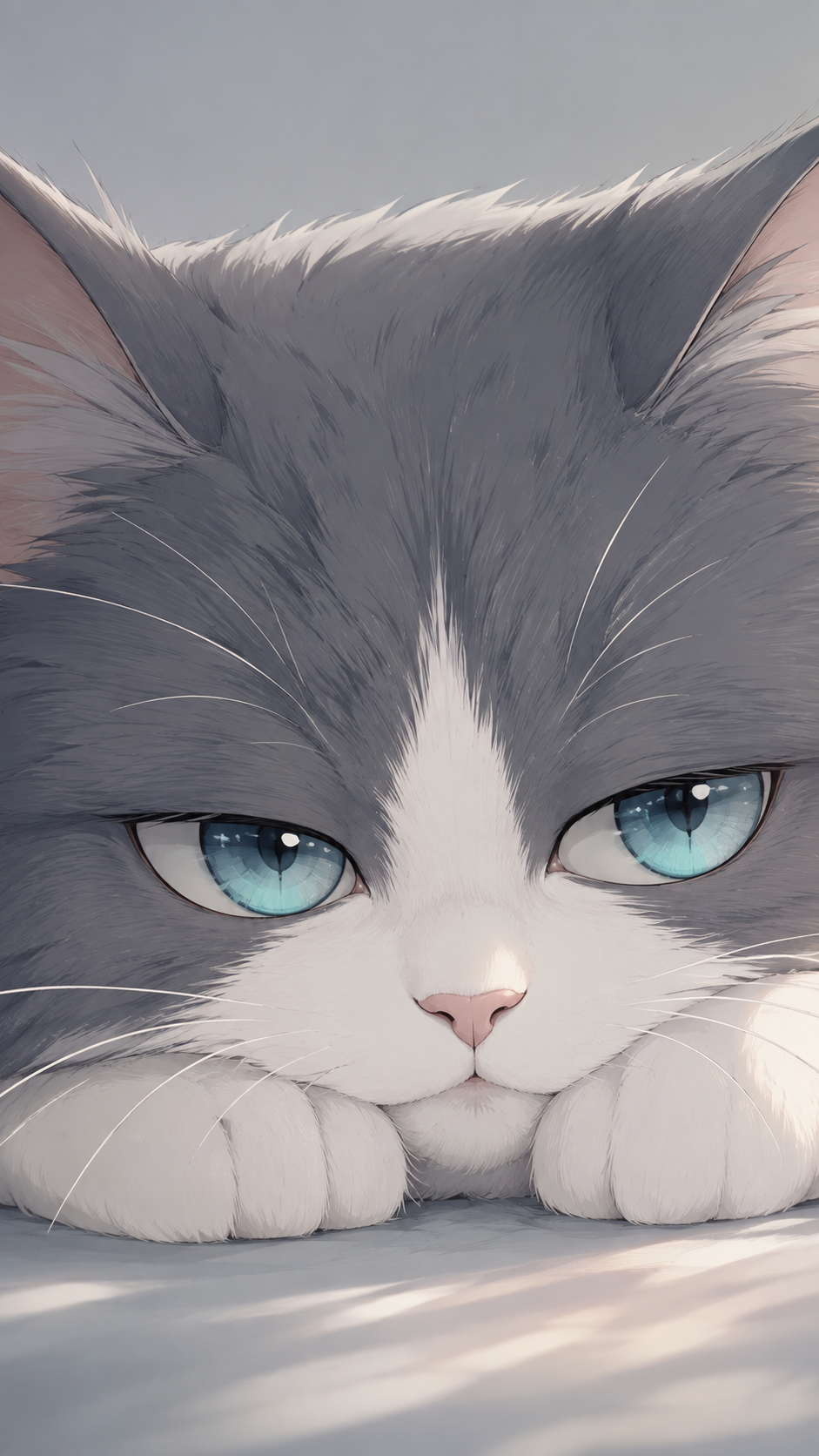 Close-up soft-anime portrait of a gray-and-white cat with large aqua-blue eyes, a pink nose, white whiskers, pointed ears, and resting paws.