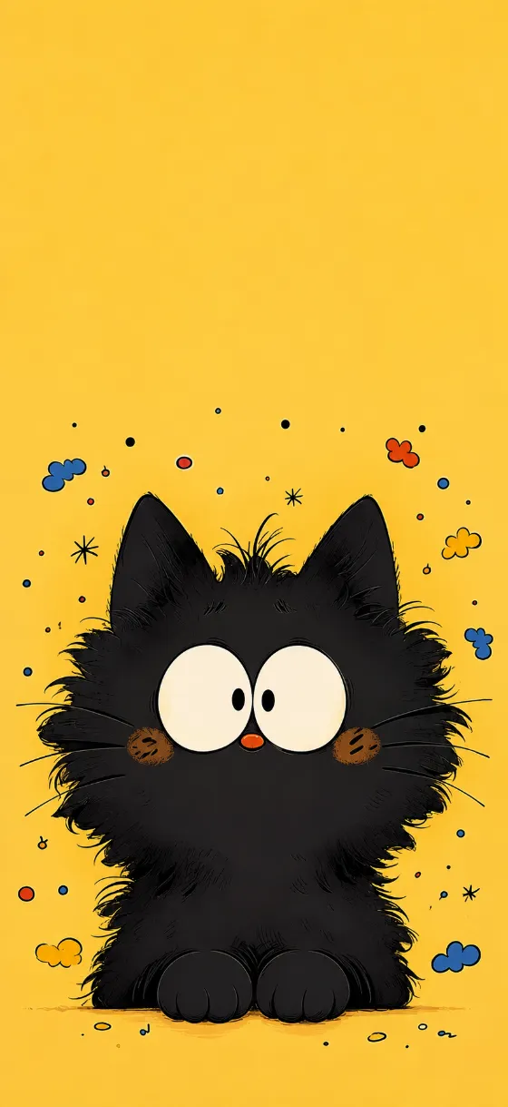 Fluffy black cartoon cat with oversized cream eyes and an orange-red nose on a warm golden-yellow phone wallpaper with colorful doodle accents.