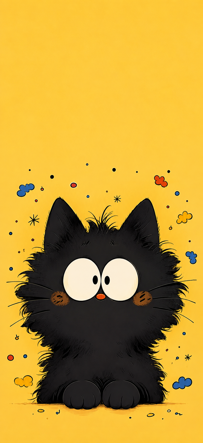 Fluffy black cartoon cat with oversized cream eyes and an orange-red nose on a warm golden-yellow phone wallpaper with colorful doodle accents.