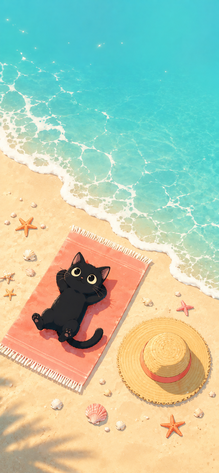 Tiny black cartoon cat relaxing on a pink towel beside turquoise seawater, white foam, warm sand, starfish, shells, and a straw hat.