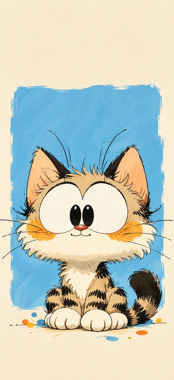 Fluffy calico cat with oversized eyes and rounded paws in front of a soft sky-blue painted panel on a warm cream phone wallpaper.