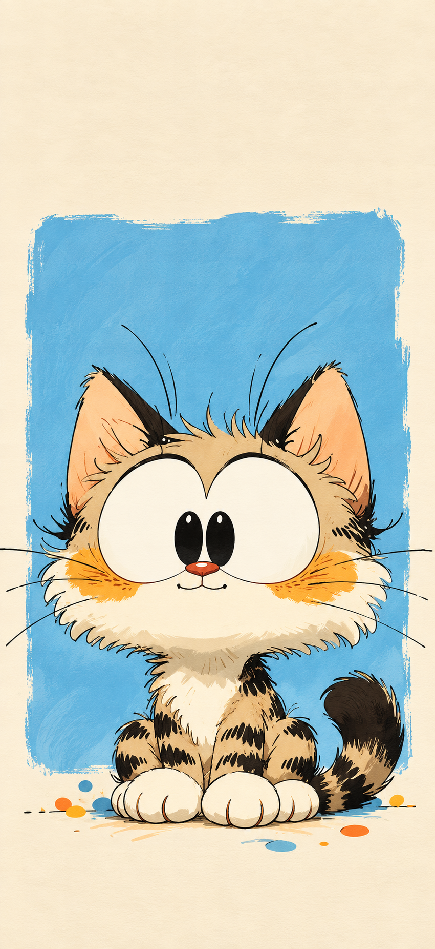 Fluffy calico cat with oversized eyes and rounded paws in front of a soft sky-blue painted panel on a warm cream phone wallpaper.