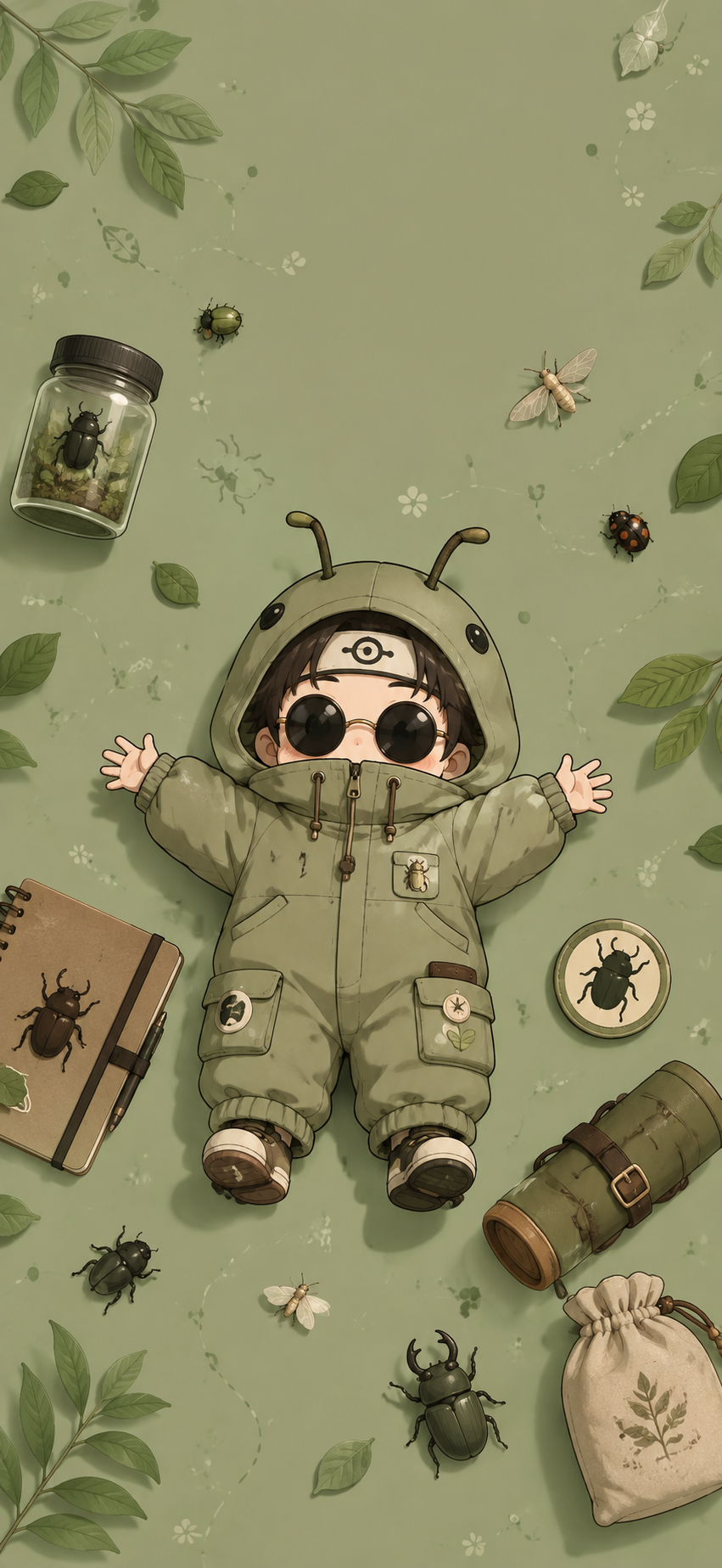 cute bug-themed character in chibi illustration,clean line art,soft cel shading,matte pastel finish.