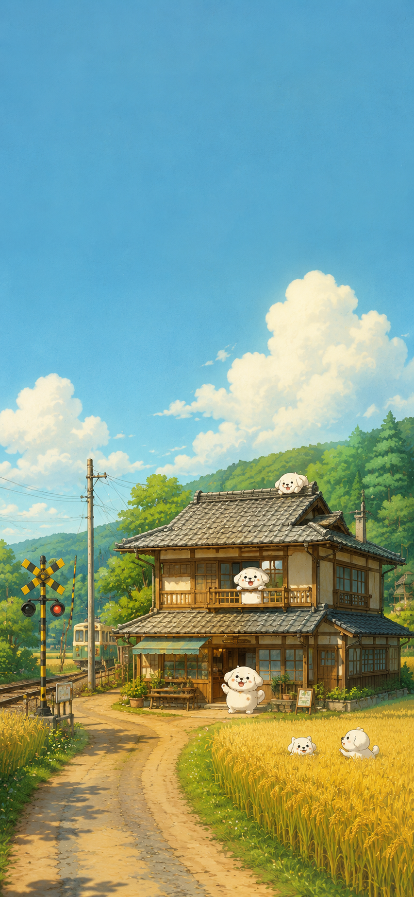 Cute cartoon puppies around a traditional countryside house beneath blue skies and fluffy clouds.