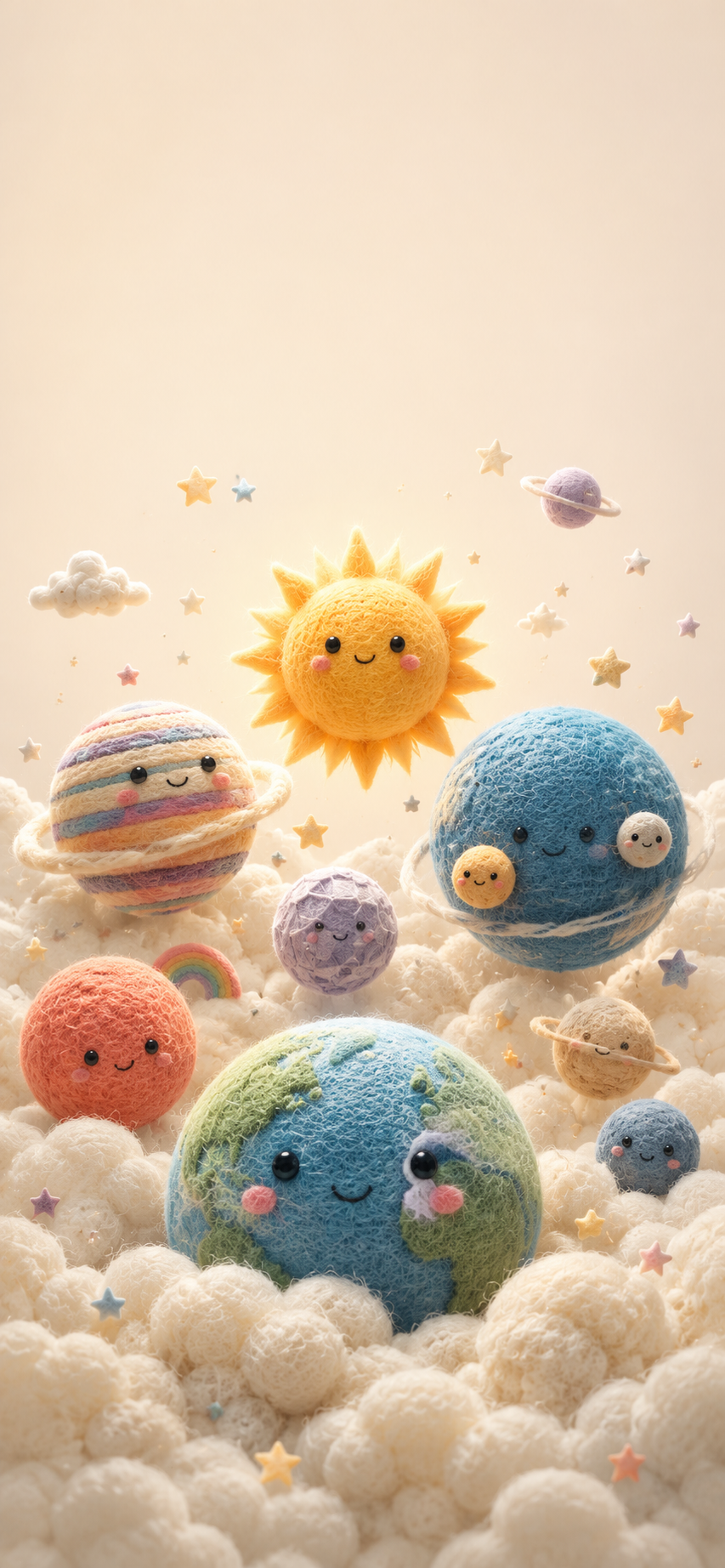 Smiling felt Earth resting in fluffy clouds beneath a handmade pastel solar system with plush planets, a soft sun, moons, and tiny stars.
