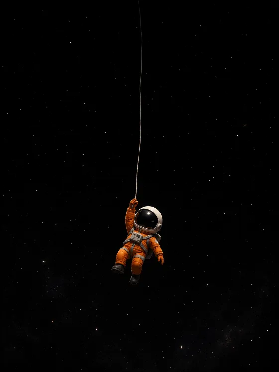Cute orange astronaut floating in a black star field while holding a thin tether in a minimal space wallpaper.