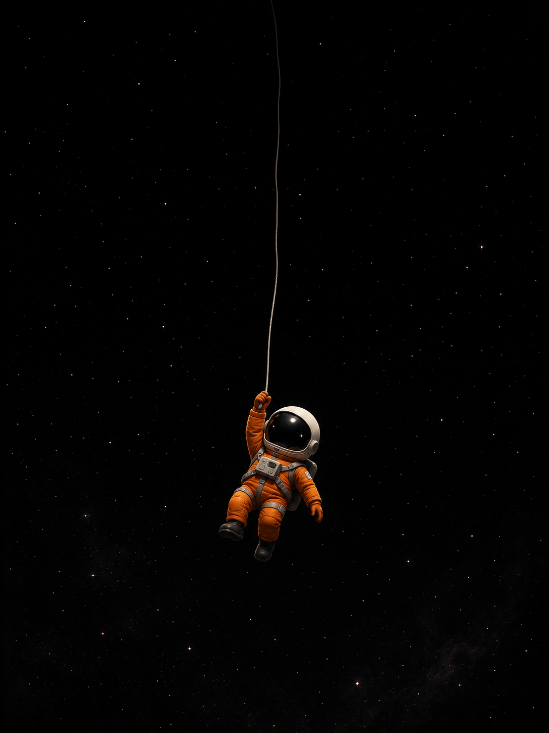 Cute orange astronaut floating in a black star field while holding a thin tether in a minimal space wallpaper.