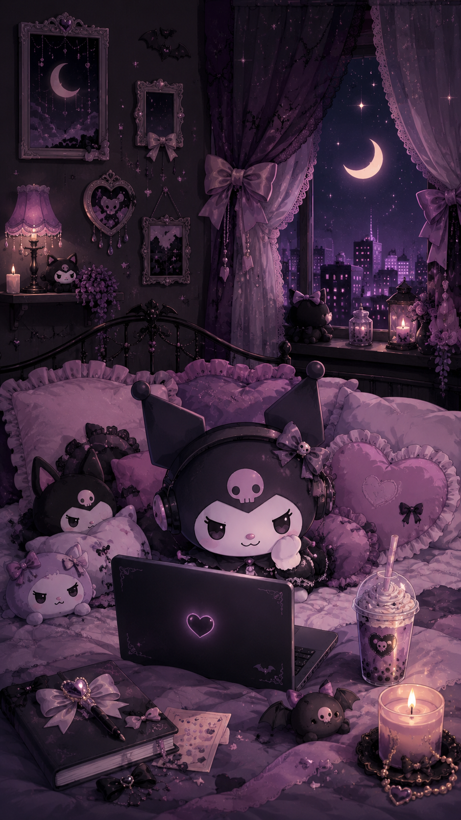 Lavender cute-gothic bedroom wallpaper with a small mascot-like character, laptop, plush bedding, bows, moonlit window and purple city lights.