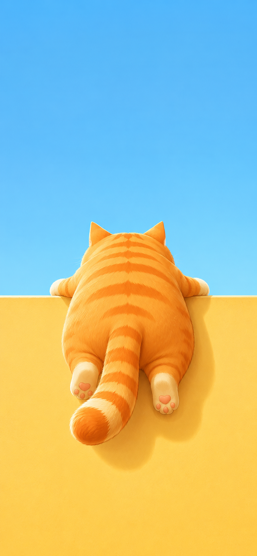 Cute orange tabby cartoon cat viewed from behind climbing over a ledge on a blue and yellow background.