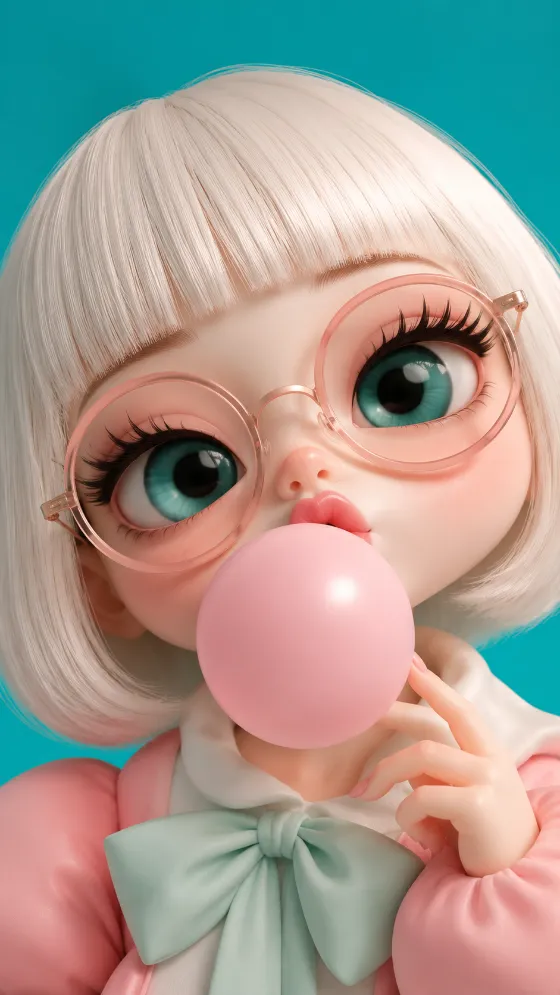 Pastel 3D character with turquoise eyes, white hair, pink glasses, and a large bubblegum bubble.