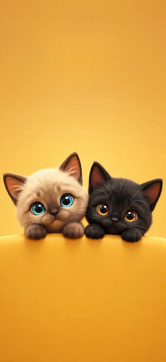 Two cute stylized kittens with large glossy eyes peeking over a golden ledge on a warm yellow background.