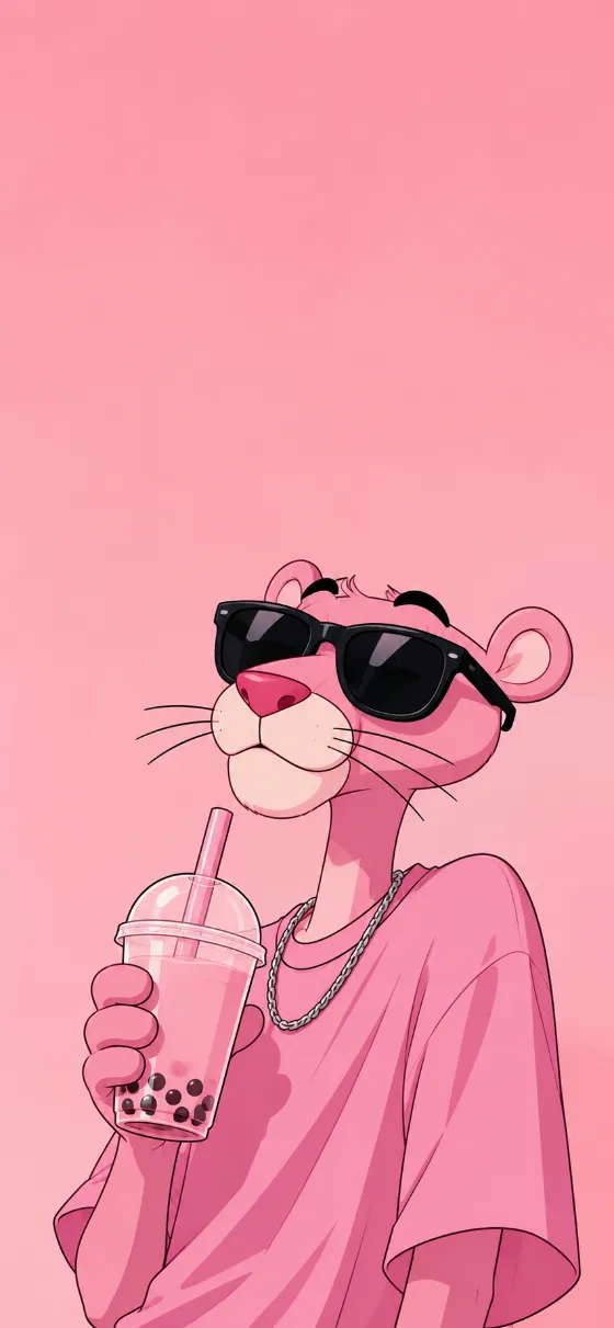 Stylish pink cartoon panther wearing black sunglasses and a chain necklace while holding a cup of pink bubble tea on a soft pink background.