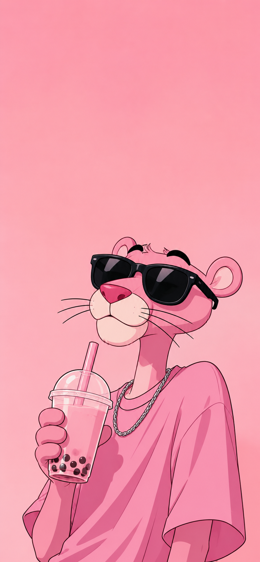 Stylish pink cartoon panther wearing black sunglasses and a chain necklace while holding a cup of pink bubble tea on a soft pink background.