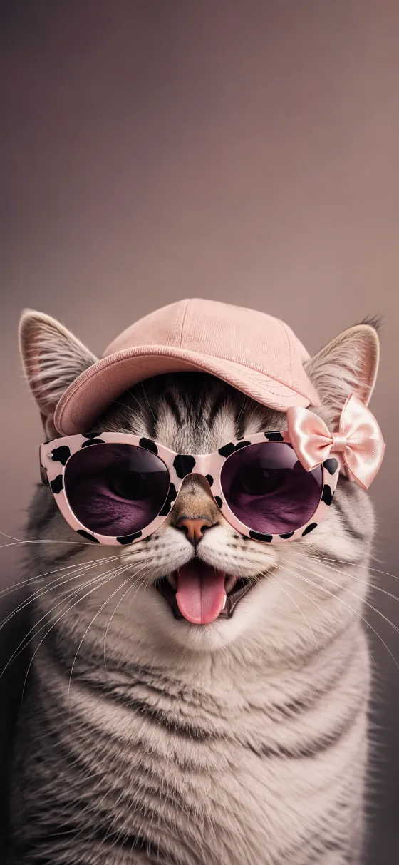 Fluffy gray-and-white tabby cat wearing a pink cap, patterned sunglasses, and a satin bow on a soft neutral iPhone wallpaper.