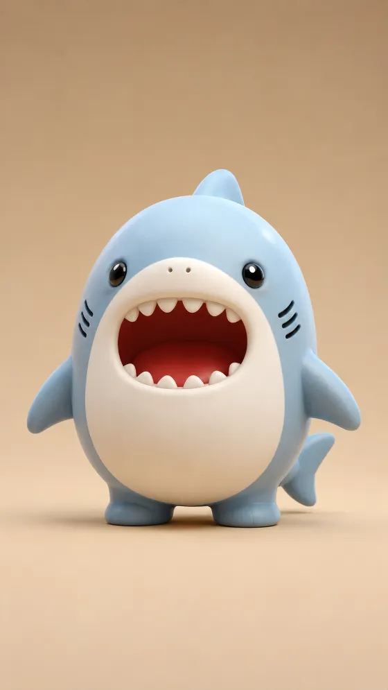 Stylized cute shark-like 3D character render on a warm beige studio background.