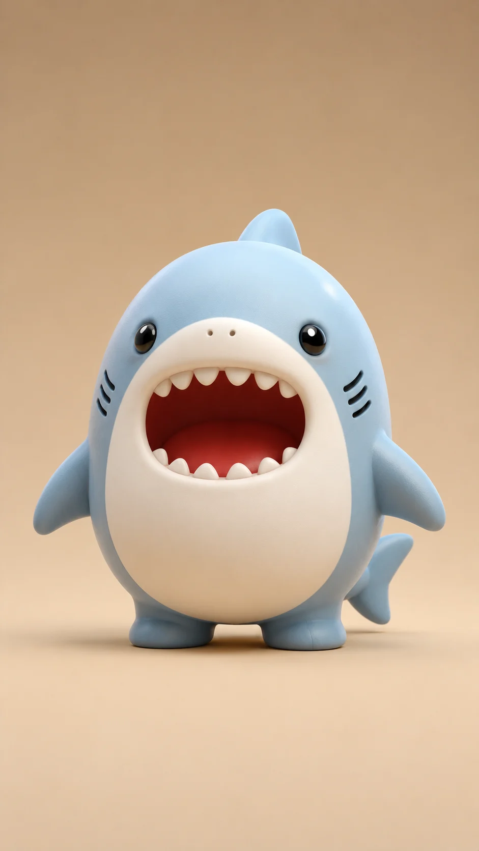 Stylized cute shark-like 3D character render on a warm beige studio background.
