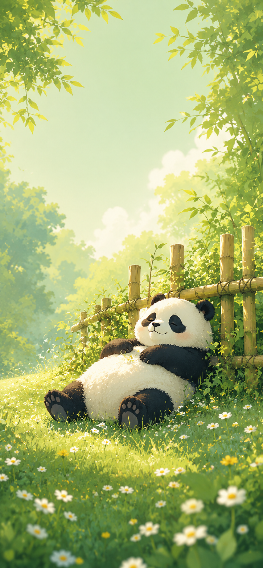 Cute panda relaxing on a flower-filled meadow beside a bamboo fence under warm sunlight.