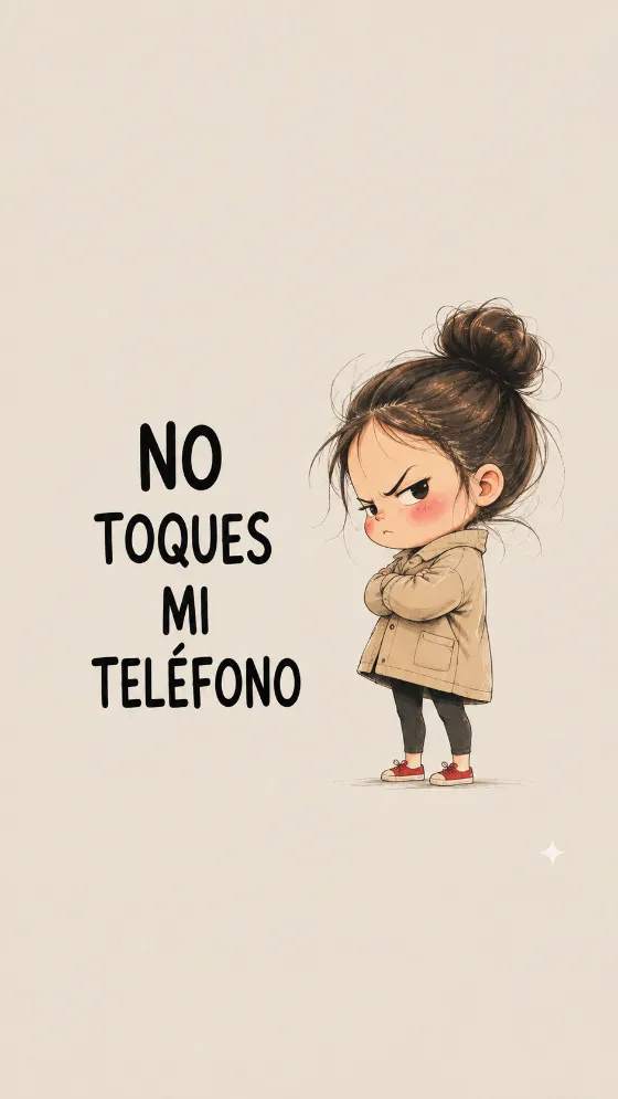 Cute cartoon girl with a high bun beside Spanish text reading a phrase meaning 'don't touch my phone' on a light gray phone wallpaper.