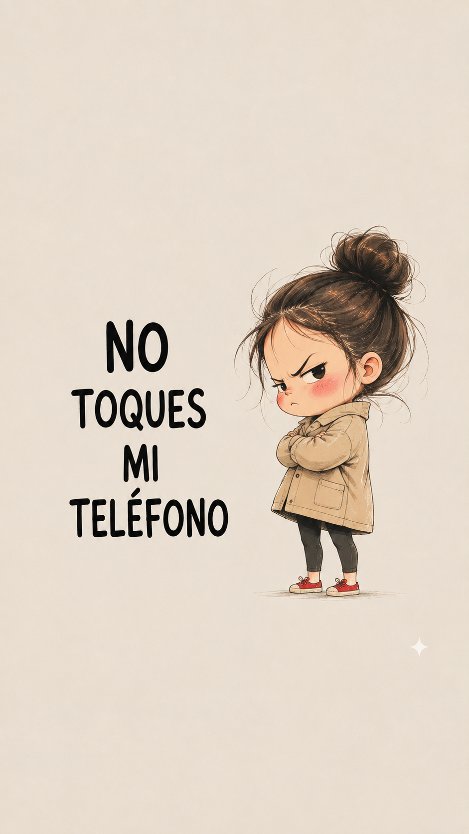 Cute cartoon girl with a high bun beside Spanish text reading a phrase meaning 'don't touch my phone' on a light gray phone wallpaper.