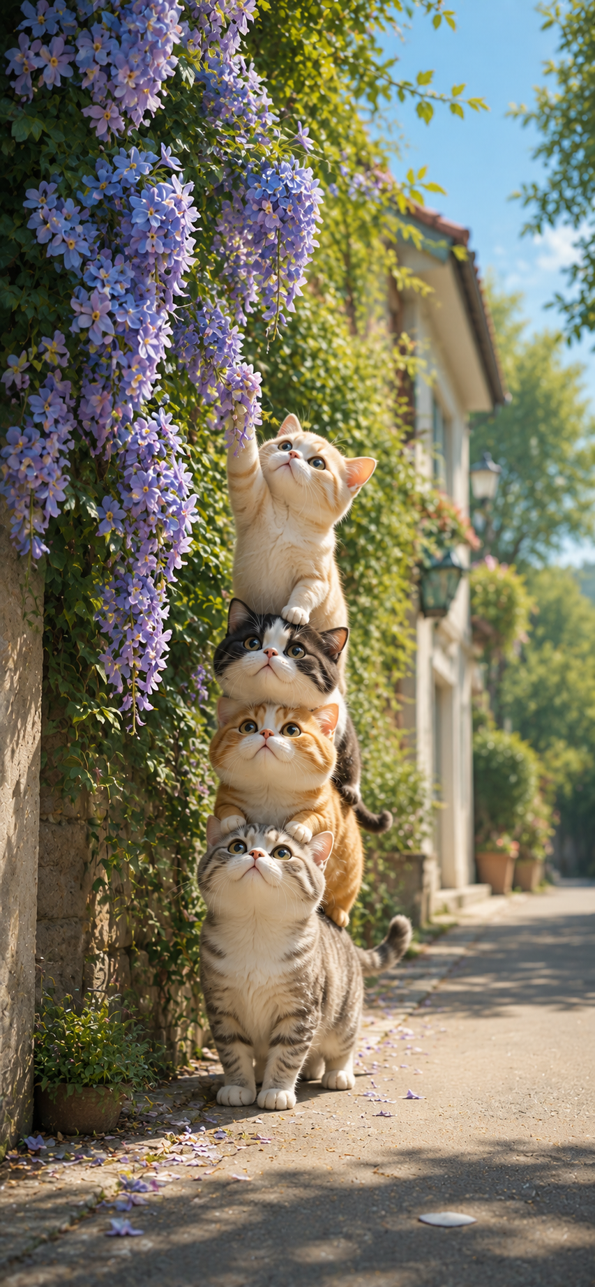 Four stacked cartoon cats reaching toward lavender flowers on a peaceful residential street.
