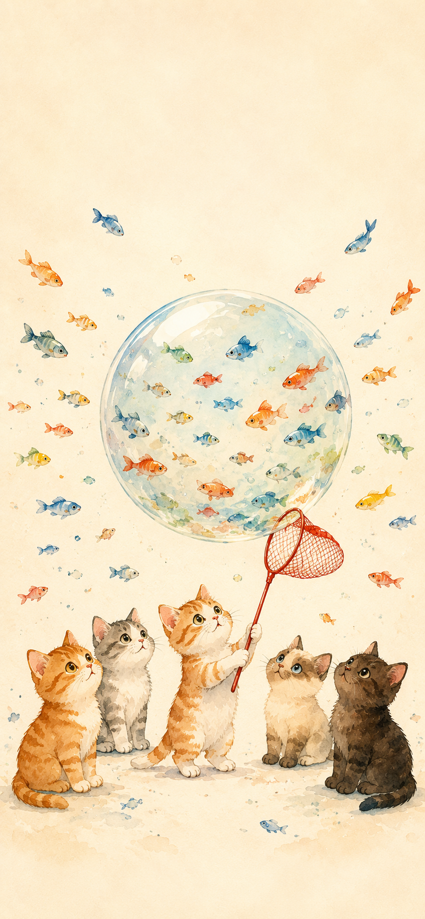 Five cute watercolor cats looking up at a transparent bubble filled with colorful fish on a warm ivory background.