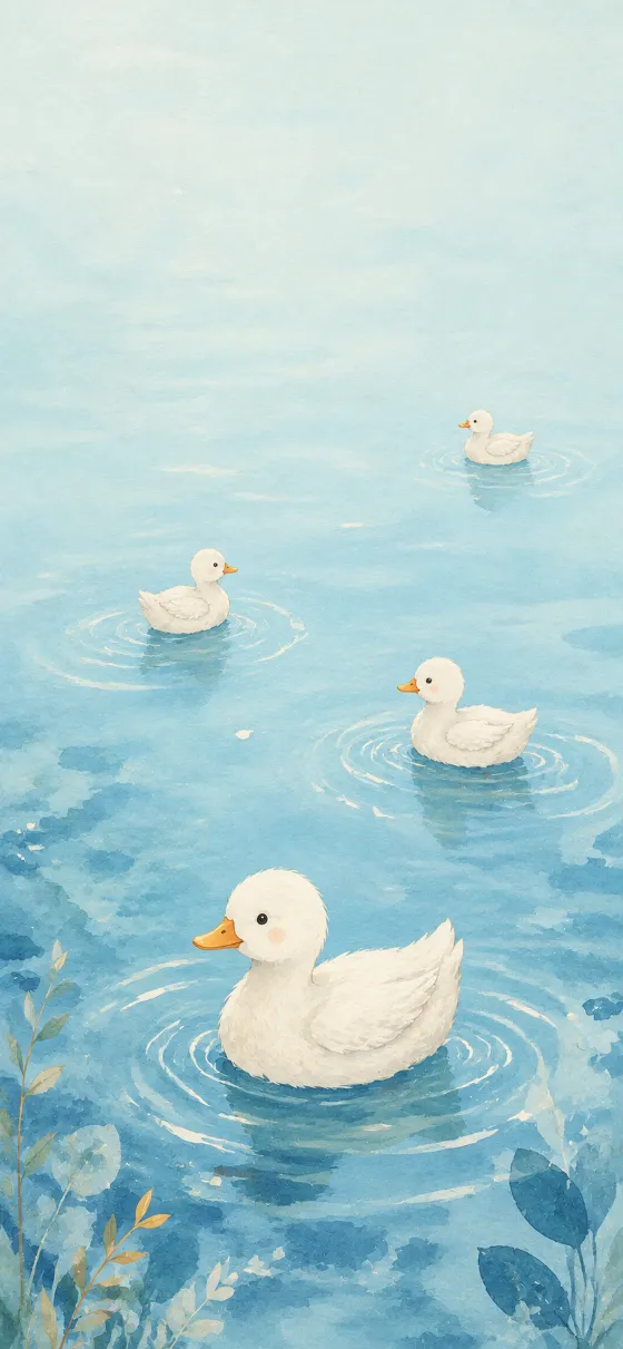 Watercolor illustration of white ducks peacefully floating on a pastel blue pond.