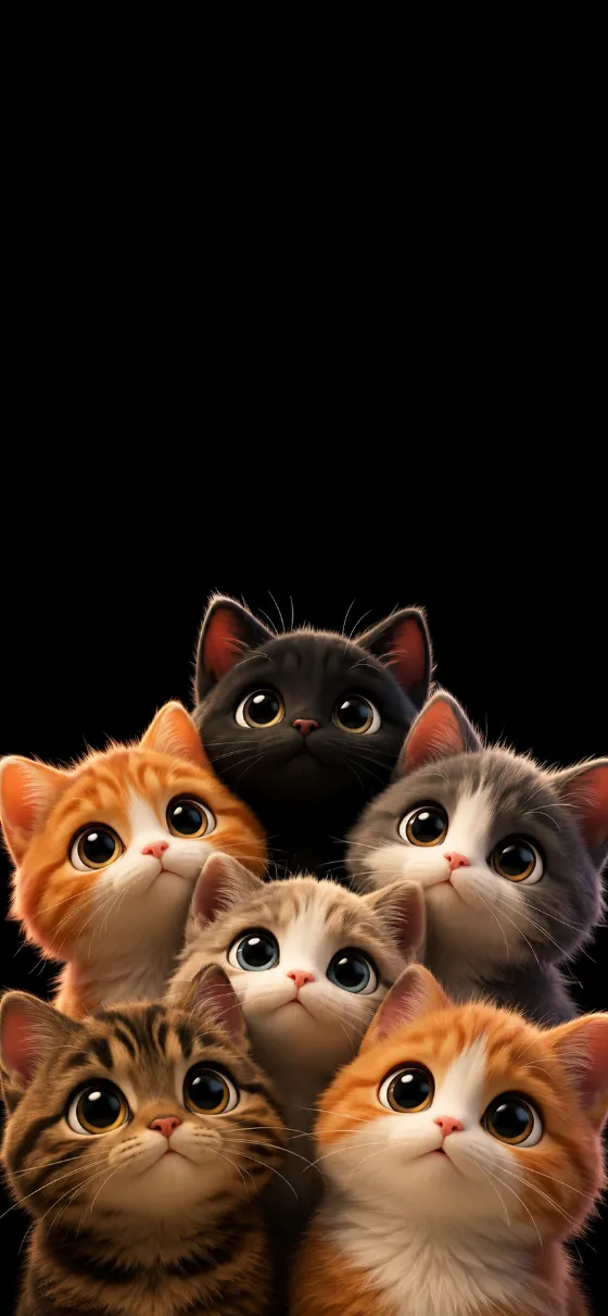 Fluffy cartoon cats with colorful oversized eyes peeking up from the bottom of a black lock screen wallpaper.