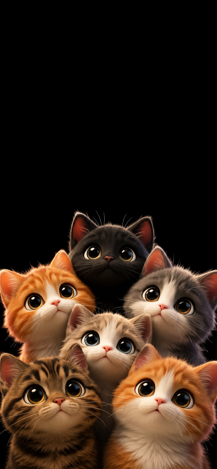 Fluffy cartoon cats with colorful oversized eyes peeking up from the bottom of a black lock screen wallpaper.