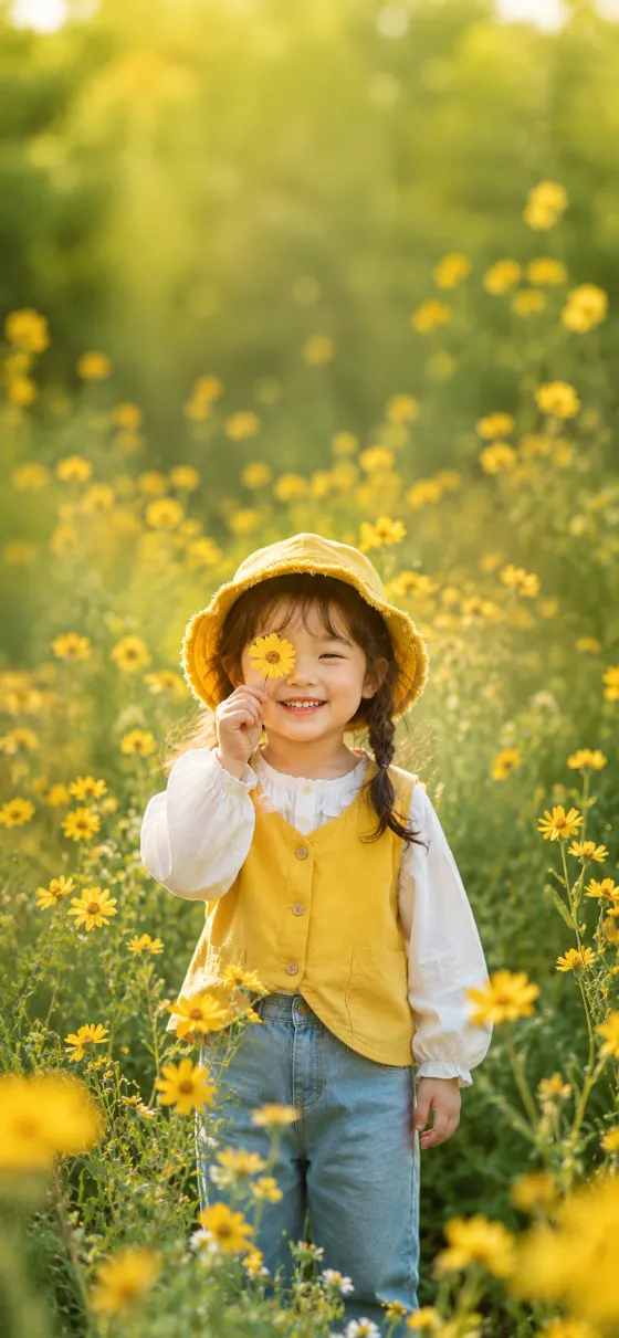 Illustrated child smiling while holding a yellow flower in a lush green garden filled with golden blossoms.
