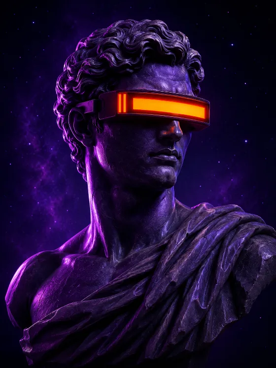 Violet stone bust with a rectangular orange visor in a dark cosmic setting.