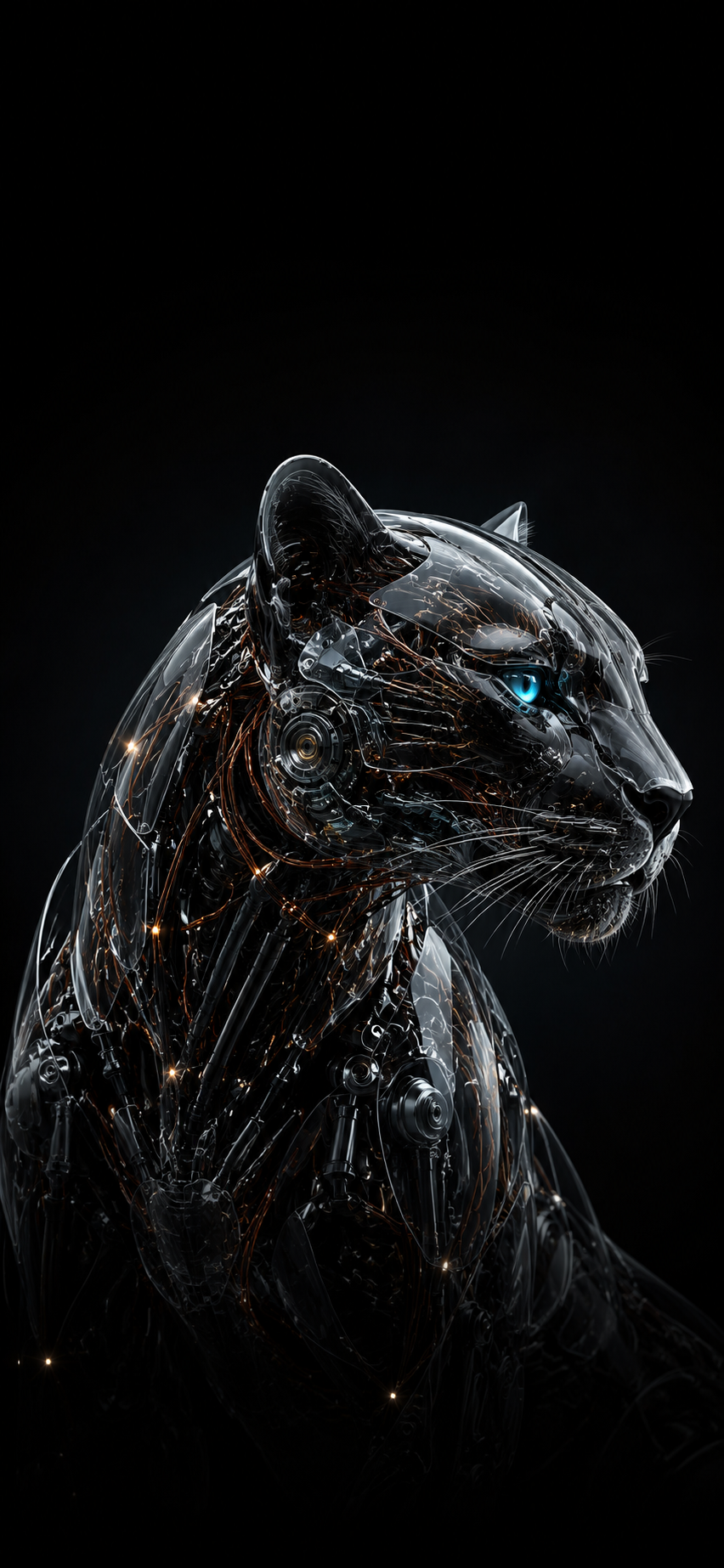 Transparent robotic panther with glowing cyan eyes and copper circuitry on a black AMOLED background.