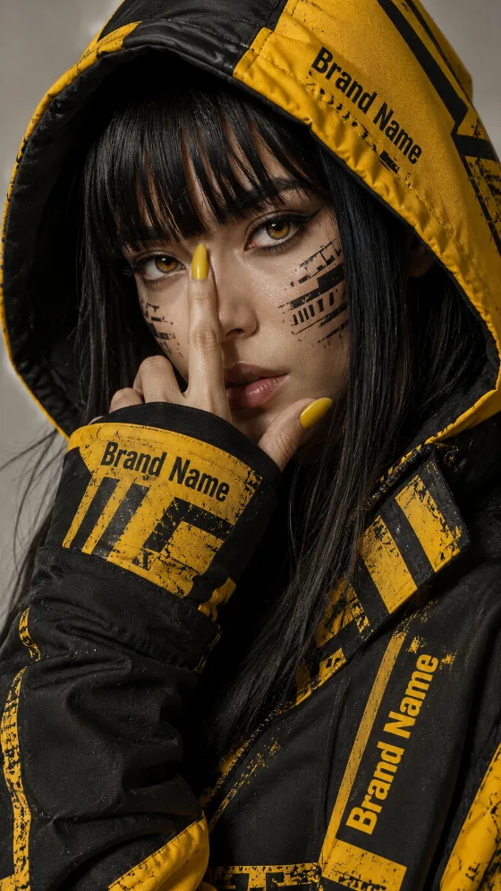 Close-up of a model in a black hood with yellow graphic print, amber eyes, and long yellow nails.