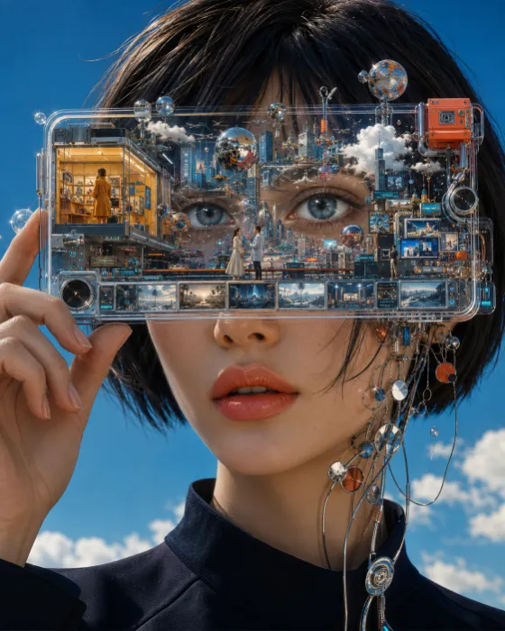 Close portrait of a dark-haired subject holding a transparent interface filled with eyes, city scenes, clouds, and machinery.