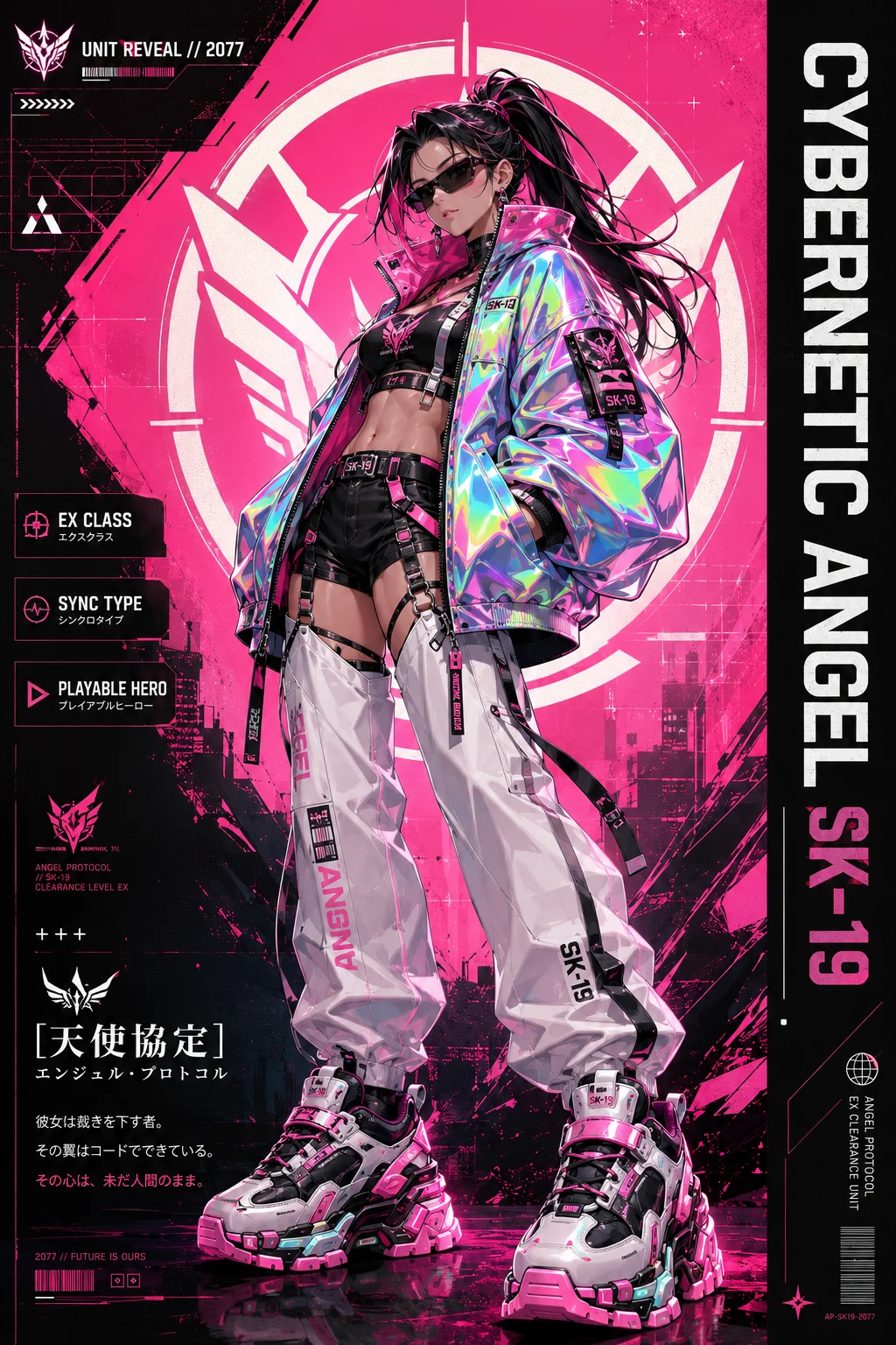 Cyberpunk woman in iridescent streetwear standing on a hot pink character reveal poster with large vertical typography.