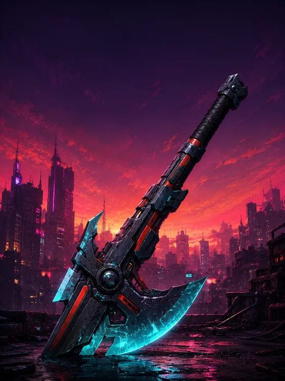 Cyberpunk iPad wallpaper with a futuristic cyan-bladed axe weapon in front of a neon magenta orange city skyline.