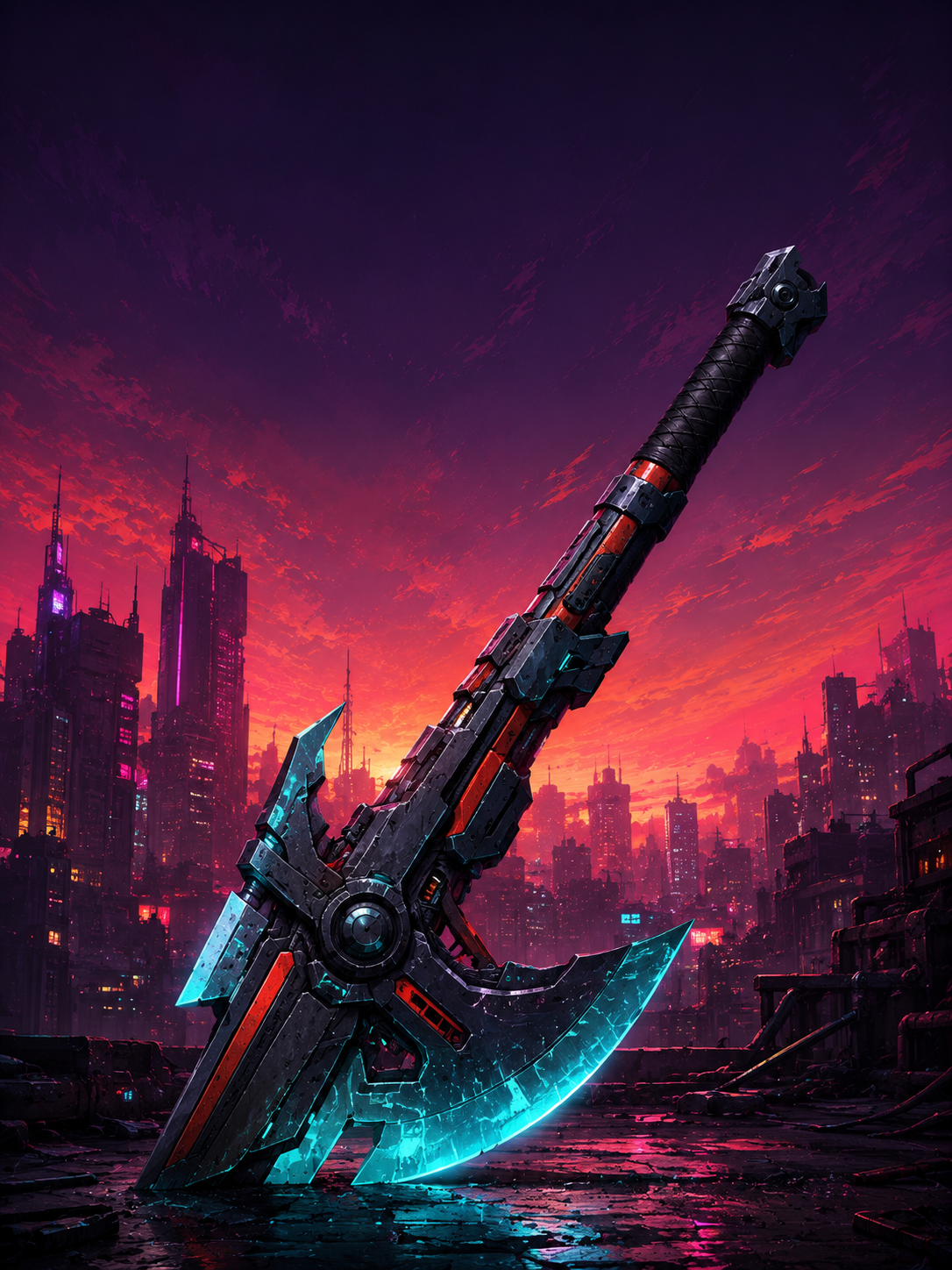 Cyberpunk iPad wallpaper with a futuristic cyan-bladed axe weapon in front of a neon magenta orange city skyline.