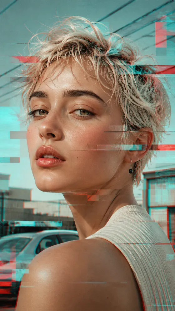 Futuristic street-fashion portrait with a platinum-blonde model and cyan-red digital glitch graphics.