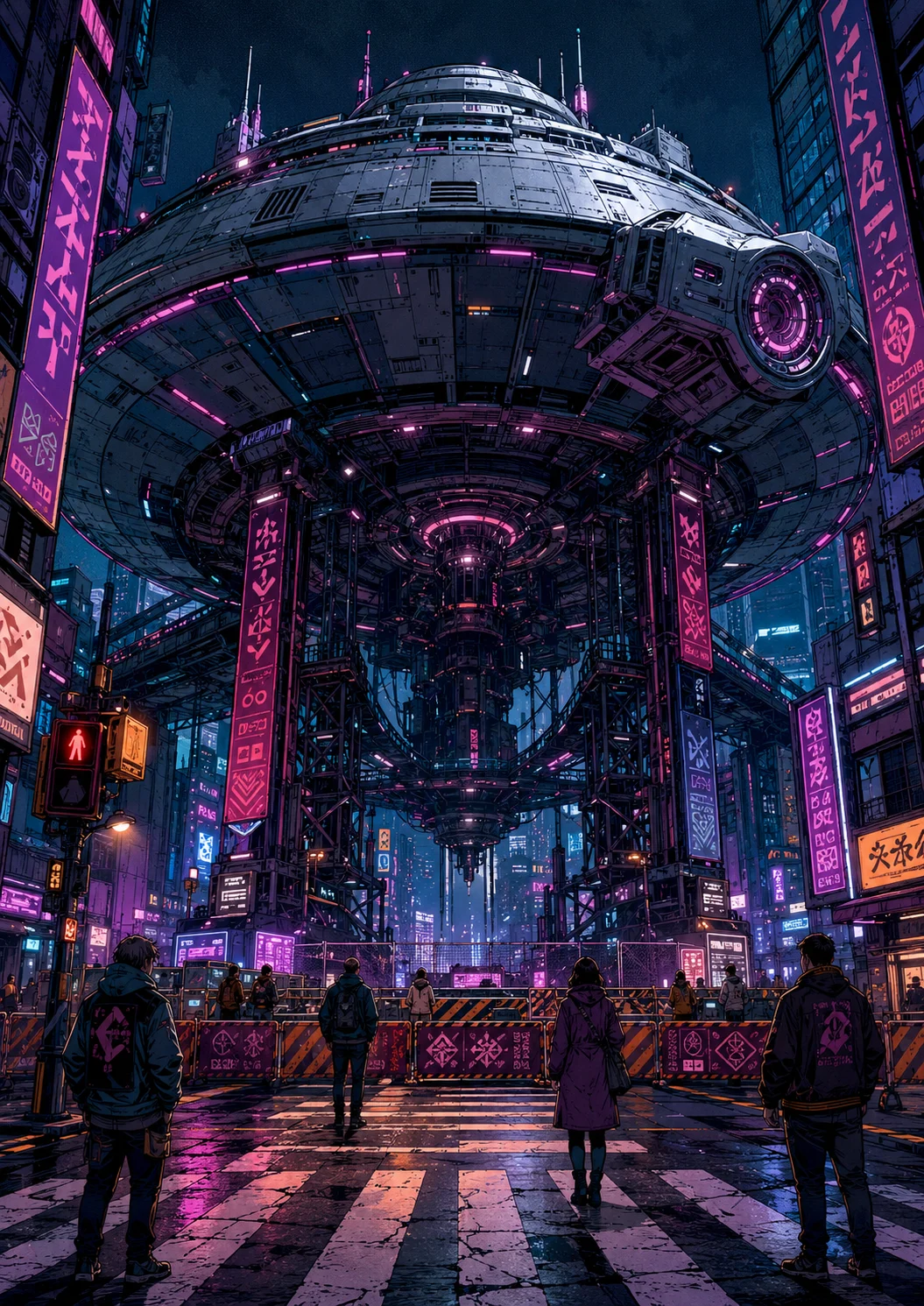Cyberpunk neon comic illustration of a giant saucer-shaped spacecraft hovering above a city street with scaffolding, crosswalk, and small pedestrians.