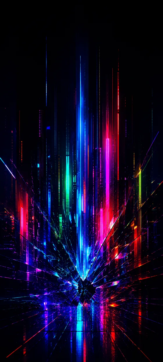 Abstract cyberpunk wallpaper with vertical RGB neon light bars on black and a cracked-glass fracture near the lower center.