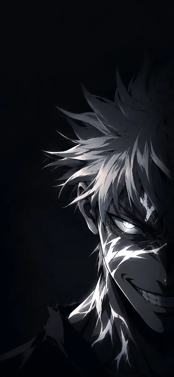 Dark anime-inspired half-face character portrait with white facial markings, spiky pale hair, and one glowing eye on a near-black background.
