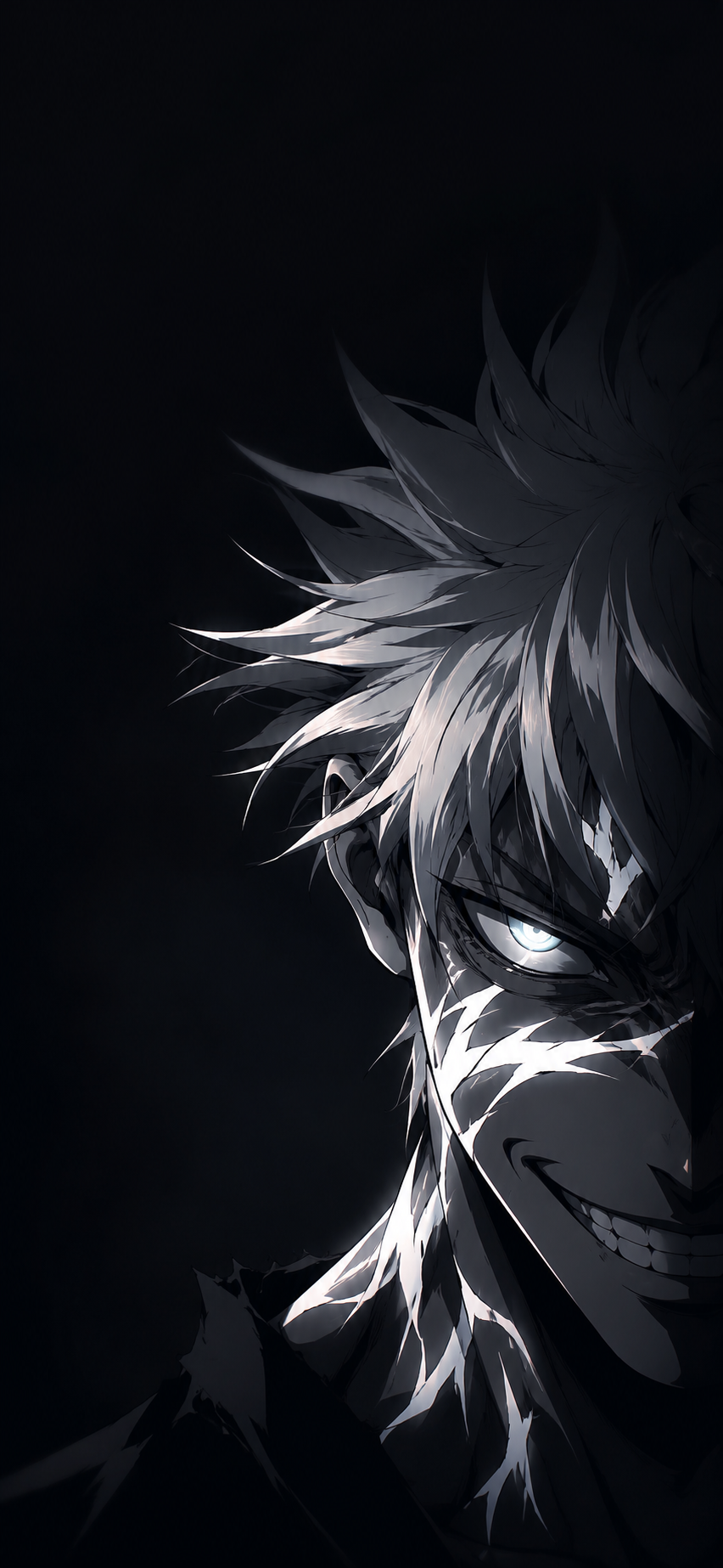 Dark anime-inspired half-face character portrait with white facial markings, spiky pale hair, and one glowing eye on a near-black background.