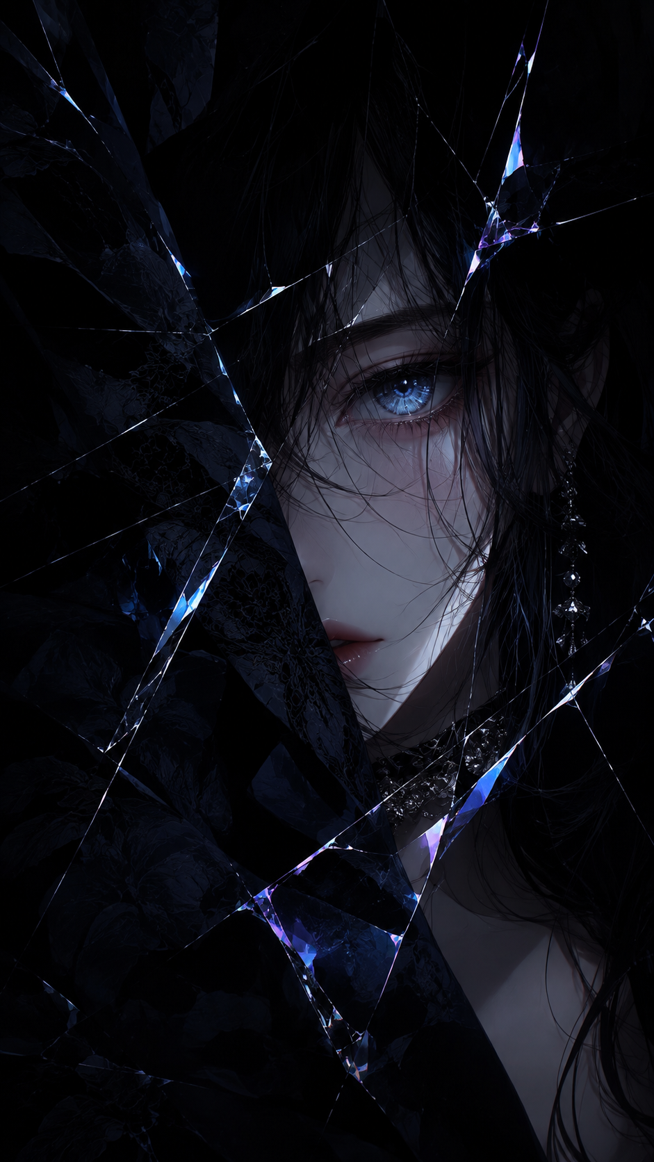 Dark-haired anime-inspired woman with one luminous blue eye viewed through fractured glass.