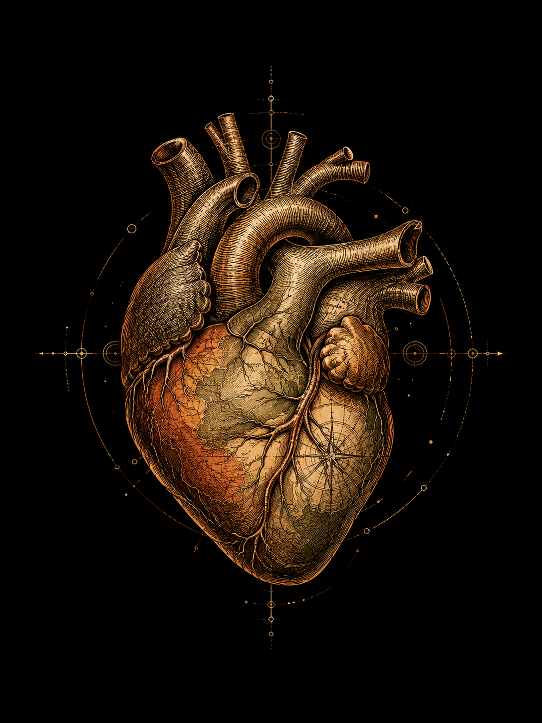 Antique anatomical heart illustration on a pure black background with engraved linework and muted copper, tan, and olive tones.