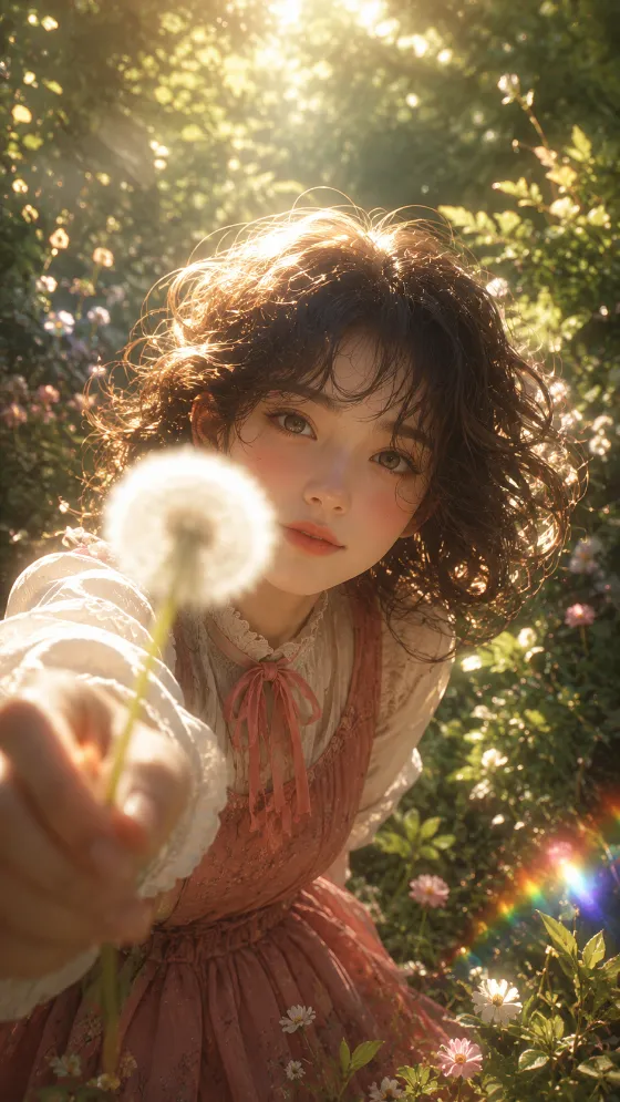 Dreamy garden wallpaper with a curly-haired character holding a blurred white dandelion in warm sunlight.